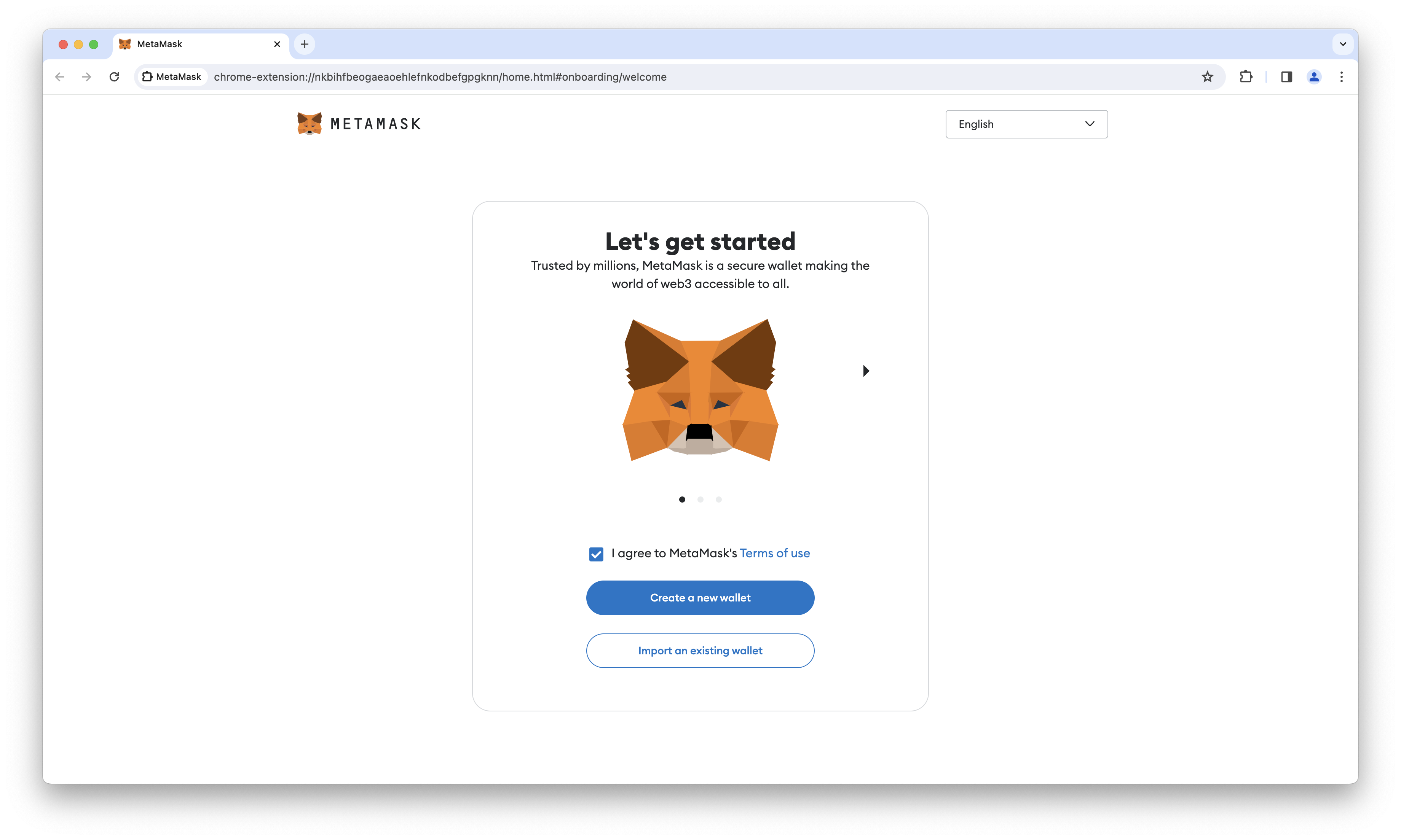 MetaMask wallet creation page.